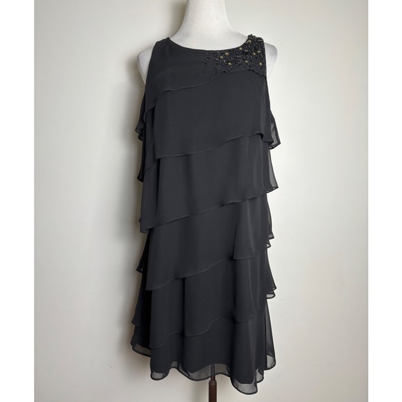 Jessica Howard Dresses & Skirts - Jessica Howard Womens Tiered Ruffle Party Dress 12 Black Beaded Chiffon Cocktail
